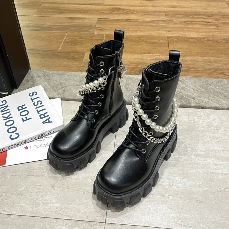 Women Fashion Platform Pearl Chain Mid-Calf Boots