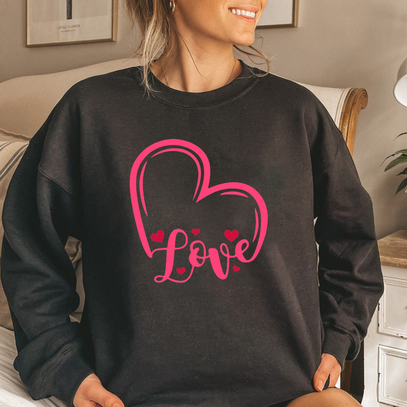 Valentine'S Day Fashion Women'S Casual Long Sleeve Round Neck Pink Love Print Sweatshirt