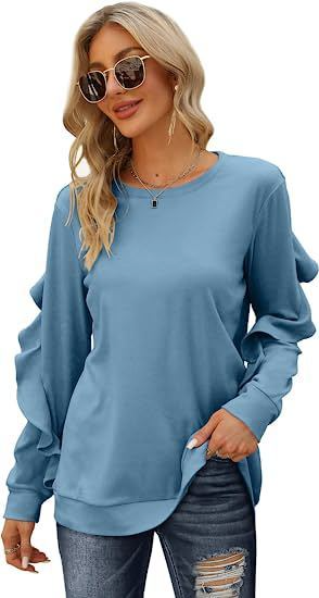 Autumn Winter Women Casual Round Neck Long Sleeve Ruffled Sweatshirt