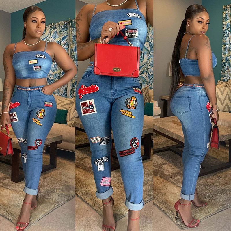 Sexy Sling Tube Top And Pants Patch Design Denim Two Piece Sets