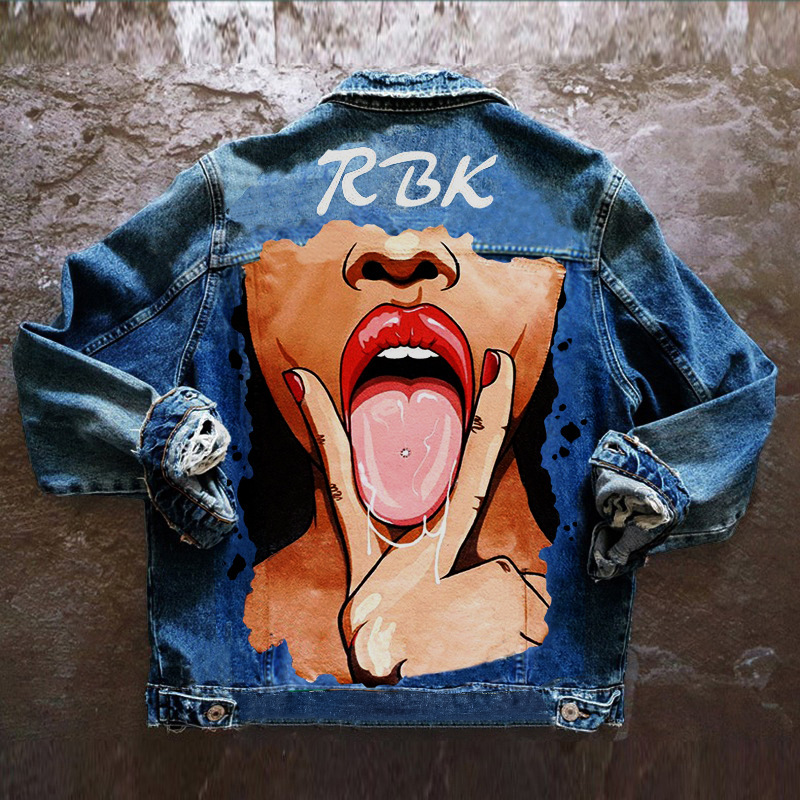 Women Casual Long Sleeves Graphic Printed Single-Breasted Denim Jacket