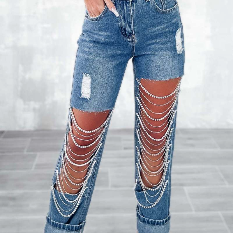 Women Fashion Street Oversized Ripped Chain Charm Straight Leg Jeans