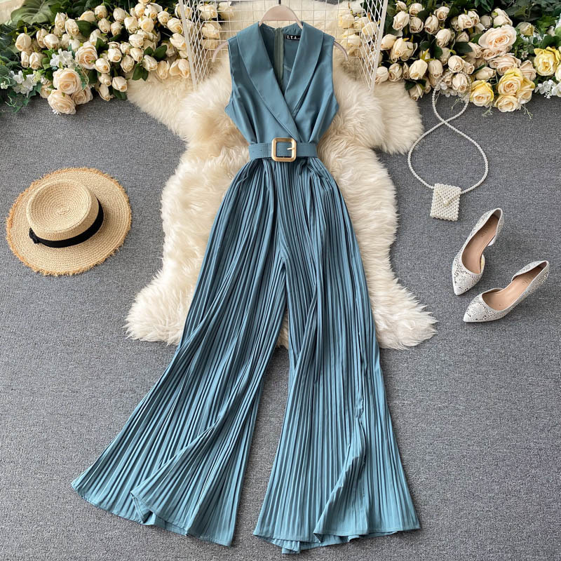 Women Retro Solid Lar Wide Leg Jumpsuits