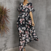 Women Fashion Casual Floral Printing V-Neck Short Sleeve Slit Dress