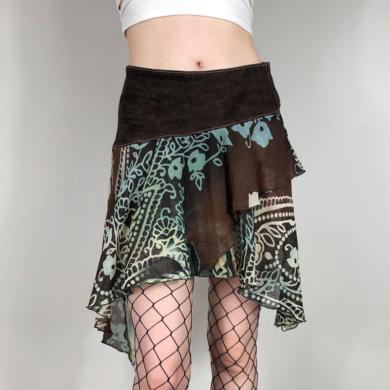 Women'S Retro Edgy Boho Floral Printing Mesh Irregular Skirt