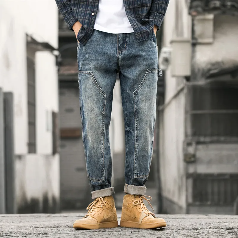 Men Autumn And Winter Retro Stitching Loose Mid-Waist Straight Jeans