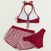 Women Fashion Solid Color Wavy Pattern Sexy Halter Neck Tether Backless Swimsuit Three-Piece Set