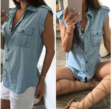 Women'S Fashion Casual Loose Sleeveless Single-Breasted Denim Shirt