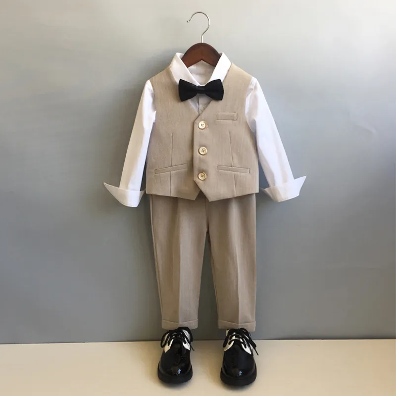 Kids Toddler Big Boys Autumn Winter Fashion Casual British Style Bow Waistcoat Shirt Pants Boys Party Clothing Set