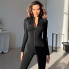 Women Round Neck Zipper Long-Sleeved Stitching Sports Slim Casual Jumpsuit