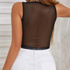 Summer Women Round Neck Sleeveless See-Through Mesh Stitching Palm Creative Top