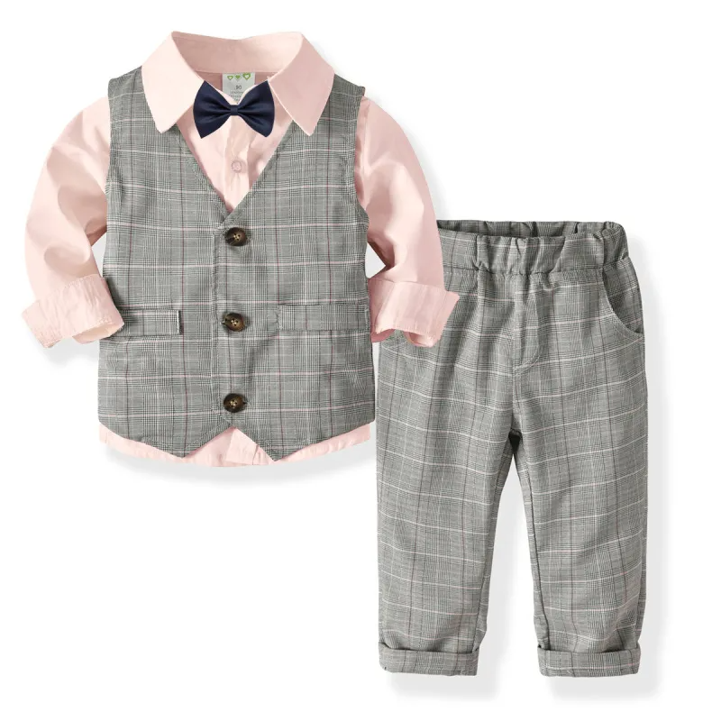 Kids Toddler Boys Spring Autumn Fashion Casual British Style Bow Stripe Waistcoat Shirt Trousers Party Clothing Set