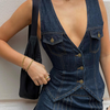 Women Fashion Edgy Single-Breasted V-Neck Denim Vest