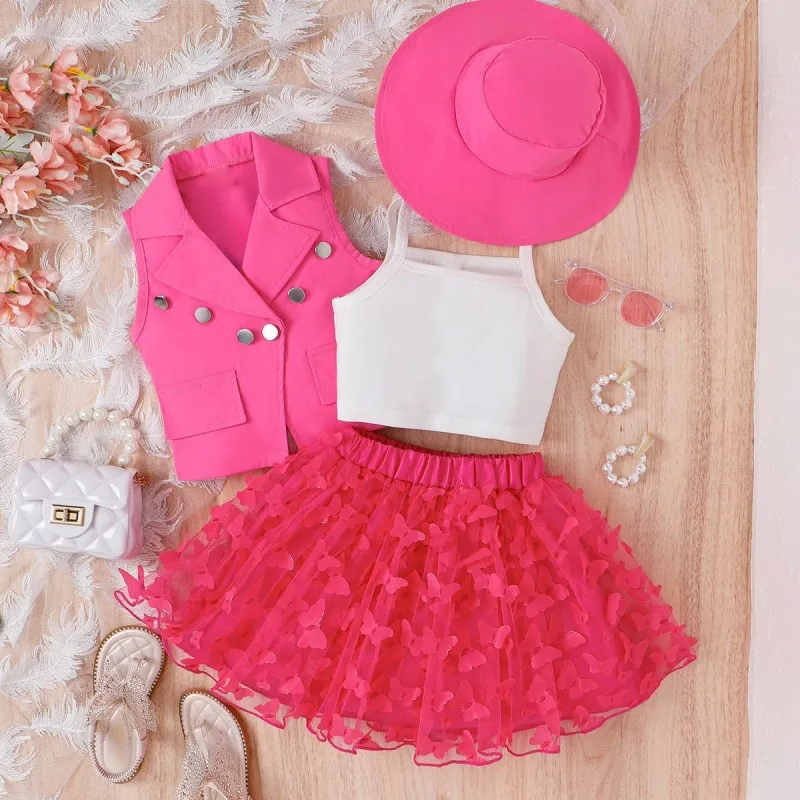 Kids Fashion Sling Butterfly Mesh Skirt Sleeveless Suit Hat Four-Piece Set