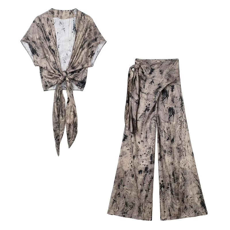 Fashion Street Women Knotted Blouse Tie Dye Printed Pants Set