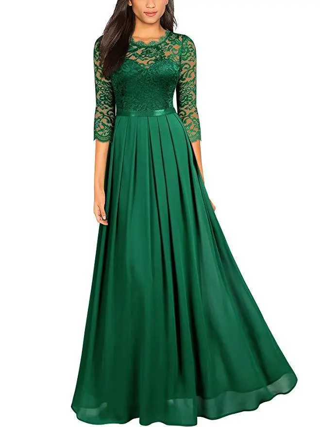 Women Stitching Chiffon Evening Dress Round Neck Long Sleeve Maxi Dress