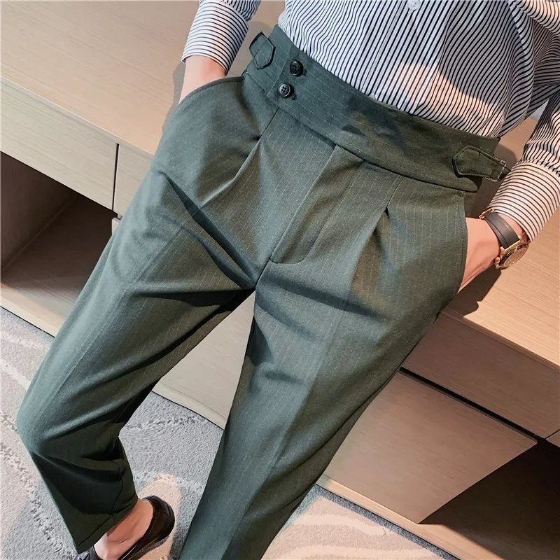 Men Gentle Italian-Style Striped Casual High-Waisted Business Pleated Casual Trousers