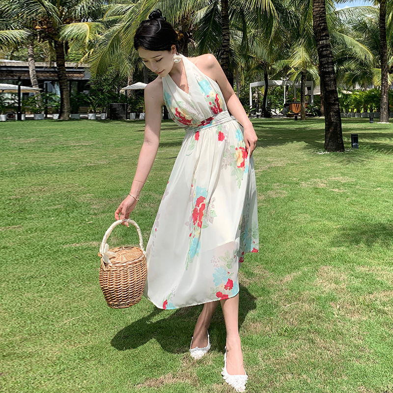 Women Fashion Elegant Vacation Floral Printed Halter Neck Backless Sleeveless Defined Waist Maxi Dress