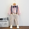 Kids Toddler Big Boys Fashion Casual British Style Solid Color Bow Button Stripe Waistcoat Shirt Suspender Trousers Party Clothing Set