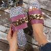 Women Fashion Casual Leopard Print Metal Chain Square Toe Flat Slippers