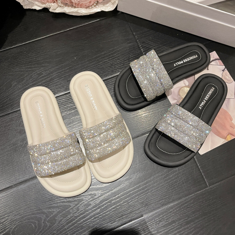 Women Fashion Casual Rhinestone Round Toe Flat Slippers