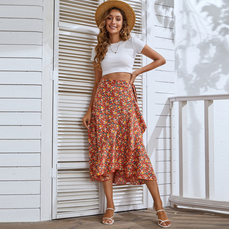 Women'S Casual Bohemian Small Tiny Flower Printing Beach Vacation Drawstring Waist Irregular Wrap Skirt