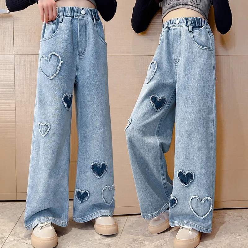 Kids Teen Toddler Big Girls Spring Autumn Fashion Casual Heart Straight Wide Leg Jeans