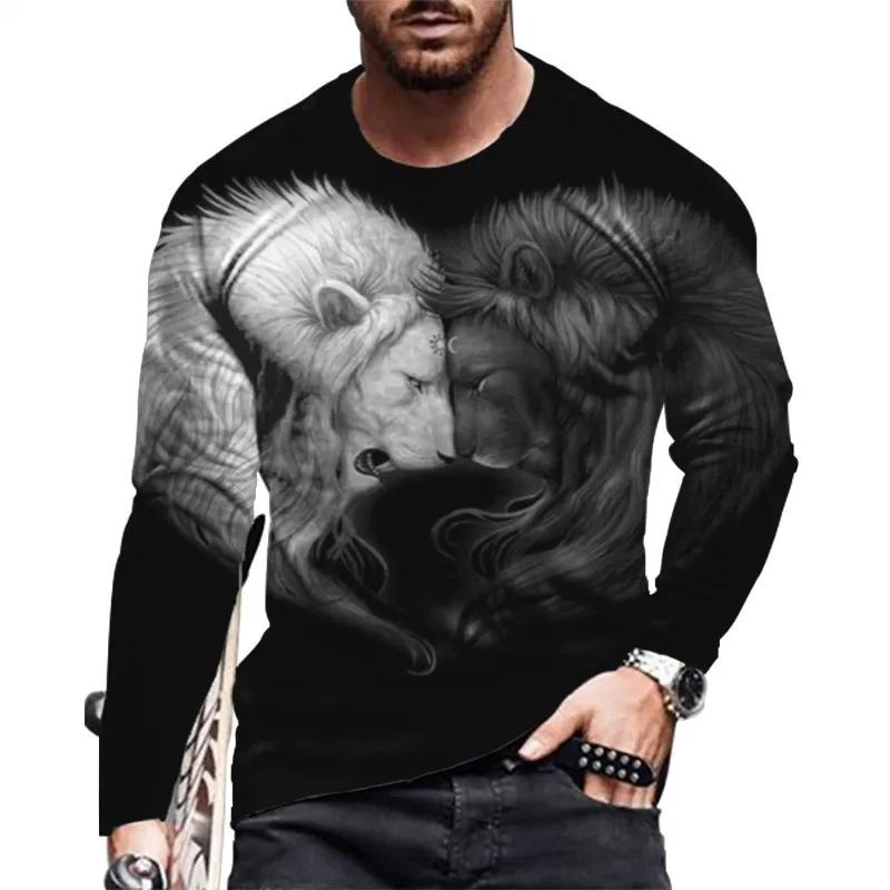 Men Spring Autumn Fashion Casual Personality 3D Printed Round Neck Long Sleeve T-Shirt