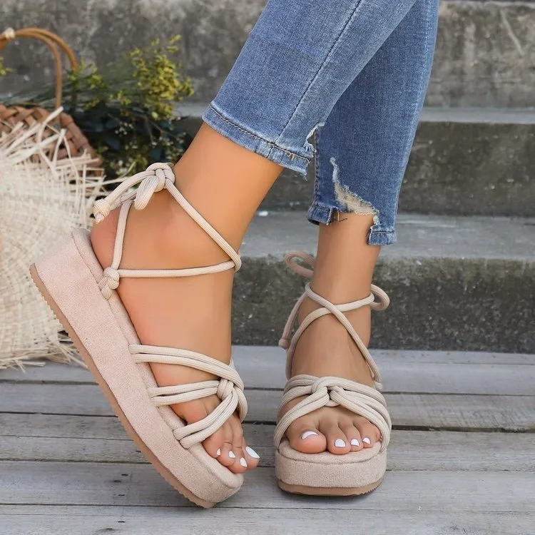 Women Fashion Casual Solid Color Strap Thick-Soled Round Toe Sandals