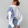 Women Simple White Collar Long Sleeve Ruffled Stitching Shirt