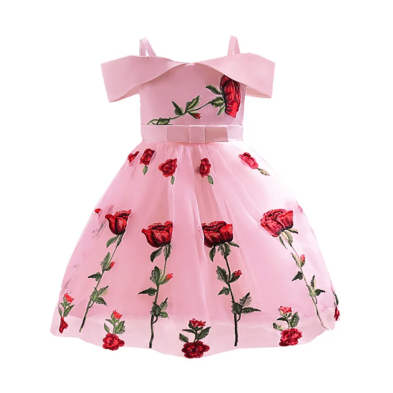 Kids Toddler Big Girls Fashion Party Cute Sweet Solid Color Rose Embroidery Pleated Off Shoulder Sleeveless Mesh Party Tutu Slip Dress