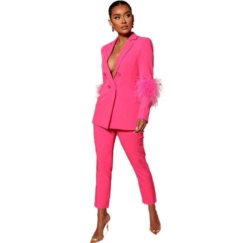 Women Fashion Casual Solid Color Feather Cuff V-Neck Coat Slim-Fit Pants 2pcs Blazer