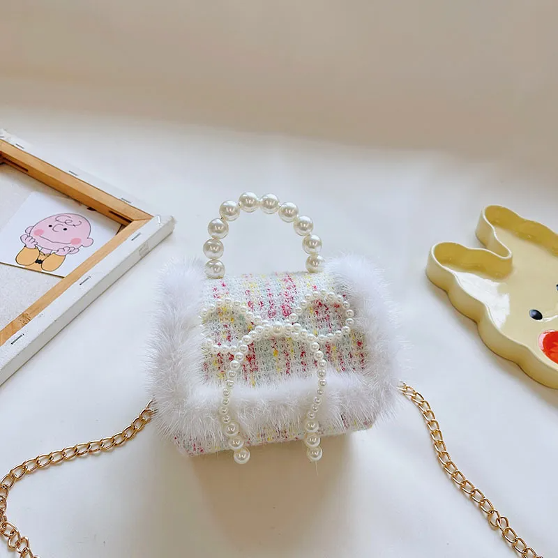 Kids Girls Autumn Winter Fashion Sweet Cute Color-Matching Pearl Bow Mini Square Chain Handle Crossbody Bag