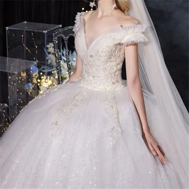 Women Elegant V Neck Ruffled Wedding Gown