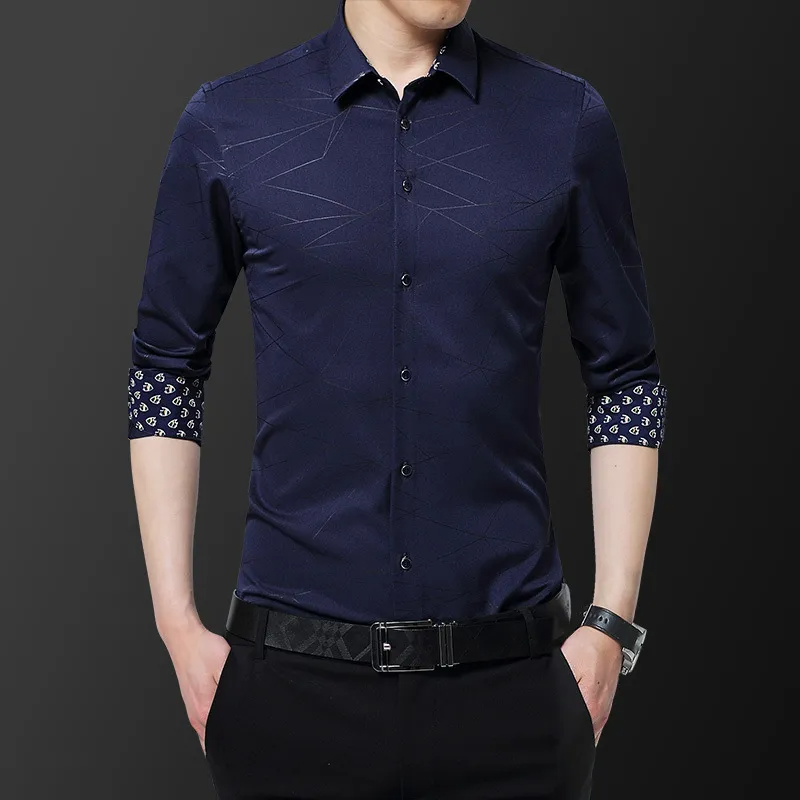 Men'S Casual Color Matching Irregular Line Slim Long-Sleeved Shirt