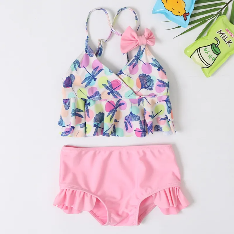 Children Kids Baby Fashion Girls Cute Dragonfly Print Split Swimsuit 2pcs Set