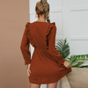 Women Sweet Bohemia Ruffled Round Neck Solid Color Long Sleeve Dress