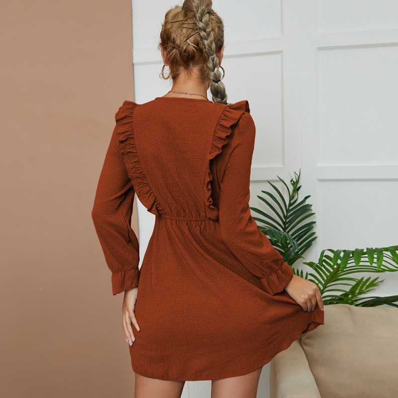 Women Sweet Bohemia Ruffled Round Neck Solid Color Long Sleeve Dress