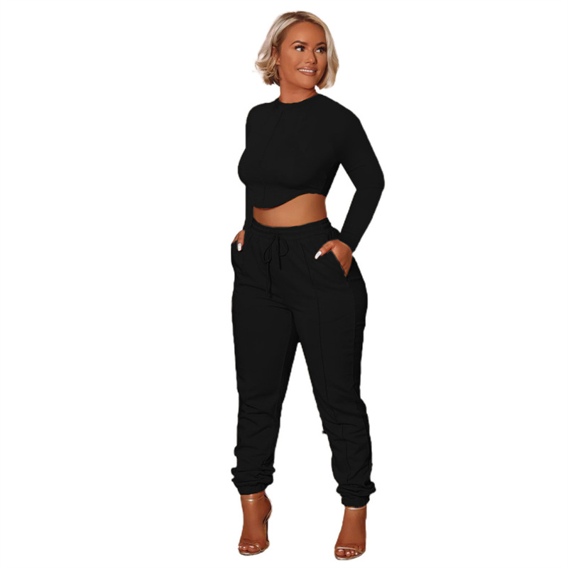 Women Solid Color Crew Neck Long Sleeve Cropped Top And High Waist Pants Fashionable Two-Piece Set