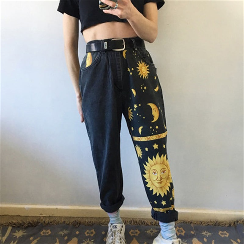 Women Fashion Graphic Printed Straight Jeans