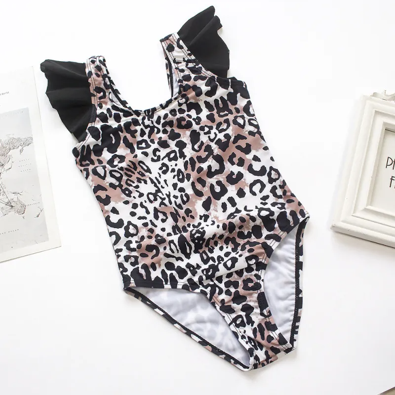 Children Kids Baby Fashion Girls Ruffle Leopard Print Sleeve One Piece Swimsuit