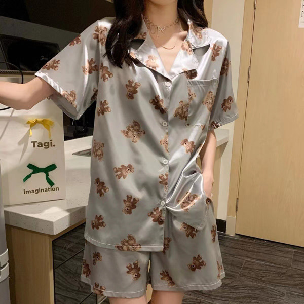 Women Cozy Short Sleeve Bear Print Short Sleeve Sleepwear Pajamas