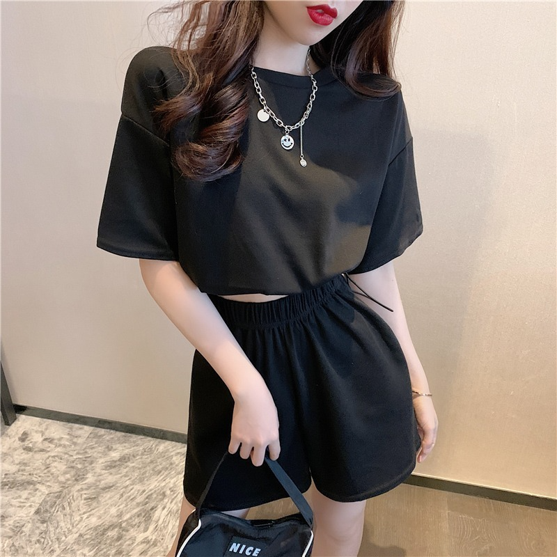 Fashion Casual Sports Women Athleisure Short-Sleeved Elastic Waist T-Shirt Wide-Leg Shorts Two-Piece Summer Set