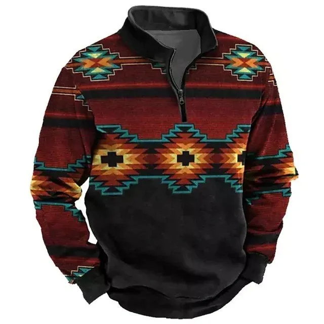 Men Fashion Casual Retro 3D Geometric Pattern Long Sleeve Zipper Plus Size Sweatshirts