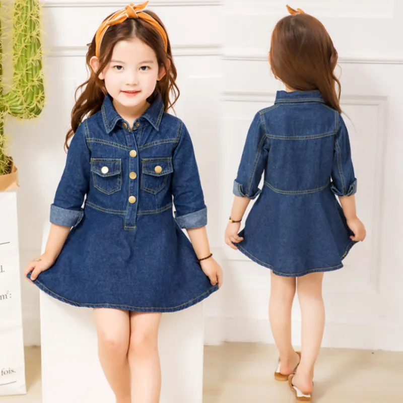 Kids Girls Simple Lapel Long Sleeve Pockets Denim Dress