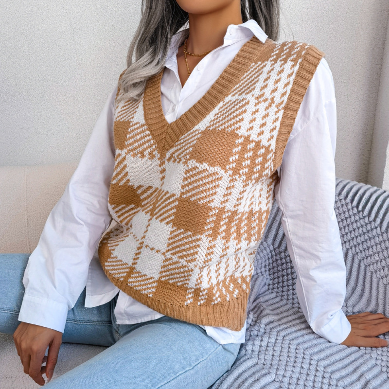 Women Fashion Casual Color Block Plaid Knitted Vest Sweater