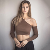 Women Solid Color Slanted Shoulder Pullover Long-Sleeved Crop Top