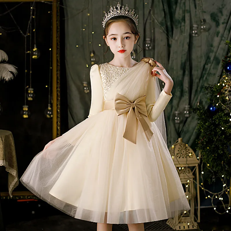 Kids Toddler Big Girls Cute Party Sleeveless Long Sleeve Bow Round Neck Mesh Tutu Princess Dress