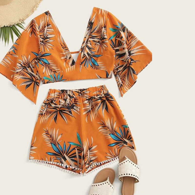 Summer Vacation Leaf Printed V-Neck Short-Sleeved Cropped Blouse Shorts Two-Piece Casual Set