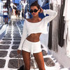 Women Fashion Knitted Stripe Long Sleeve Crop Top Slim Fit Shorts Two-Piece Set